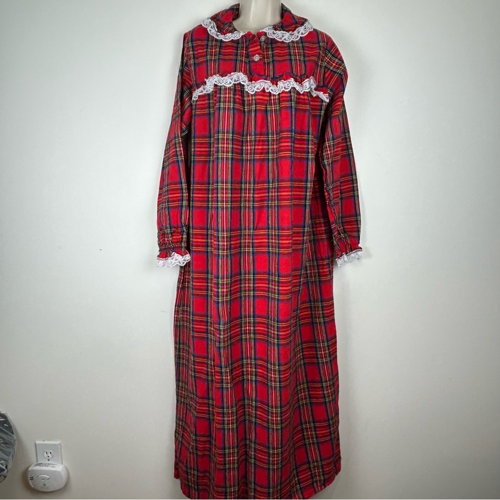 Vintage The Vermont Country Store Red Plaid Flannel Nightgown Lace Trim sz MT